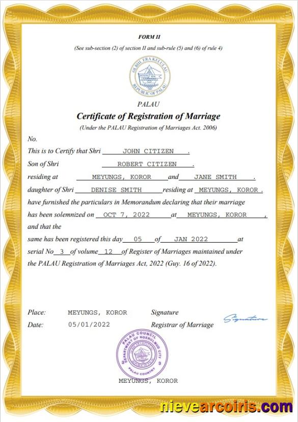 Palau marriage certificate